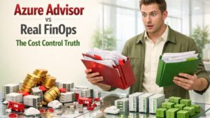 Azure Advisor vs Real FinOps cost control concept showing cloud infrastructure models, rising cost coins and structured governance comparison in a bright corporate environment