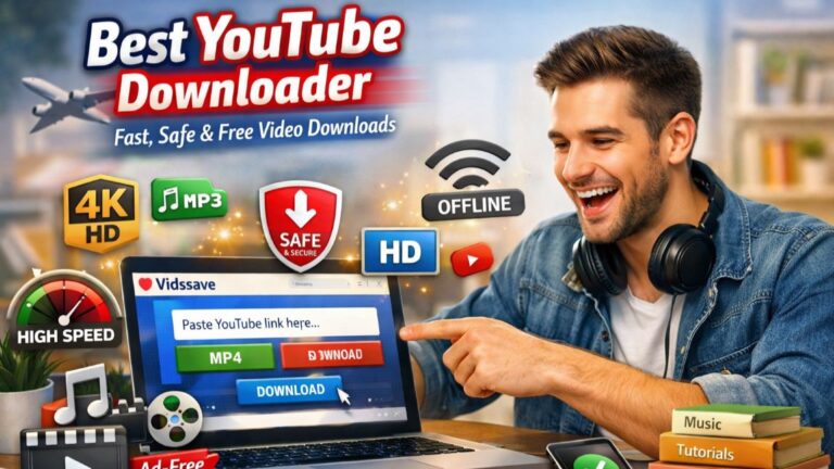 Best YouTube Downloader showing fast, safe and free video download with active user downloading videos offline