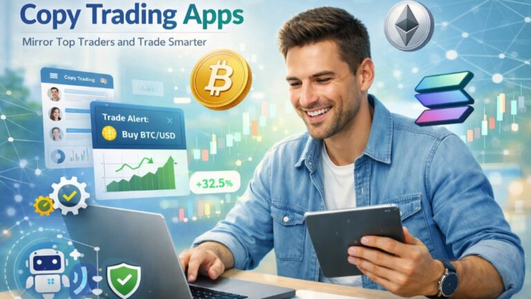 Active crypto investor using Copy Trading Apps on laptop and tablet, monitoring charts and portfolio growth