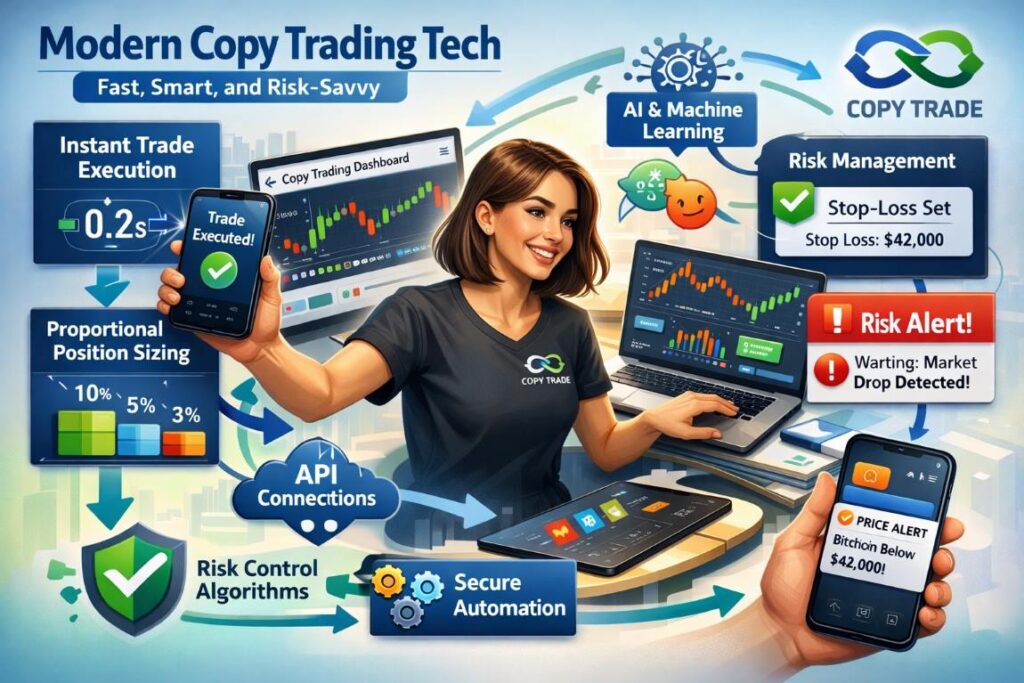 Infographic showing modern Copy Trading Apps technology, sub-second execution, AI analytics, risk management, and active crypto investor