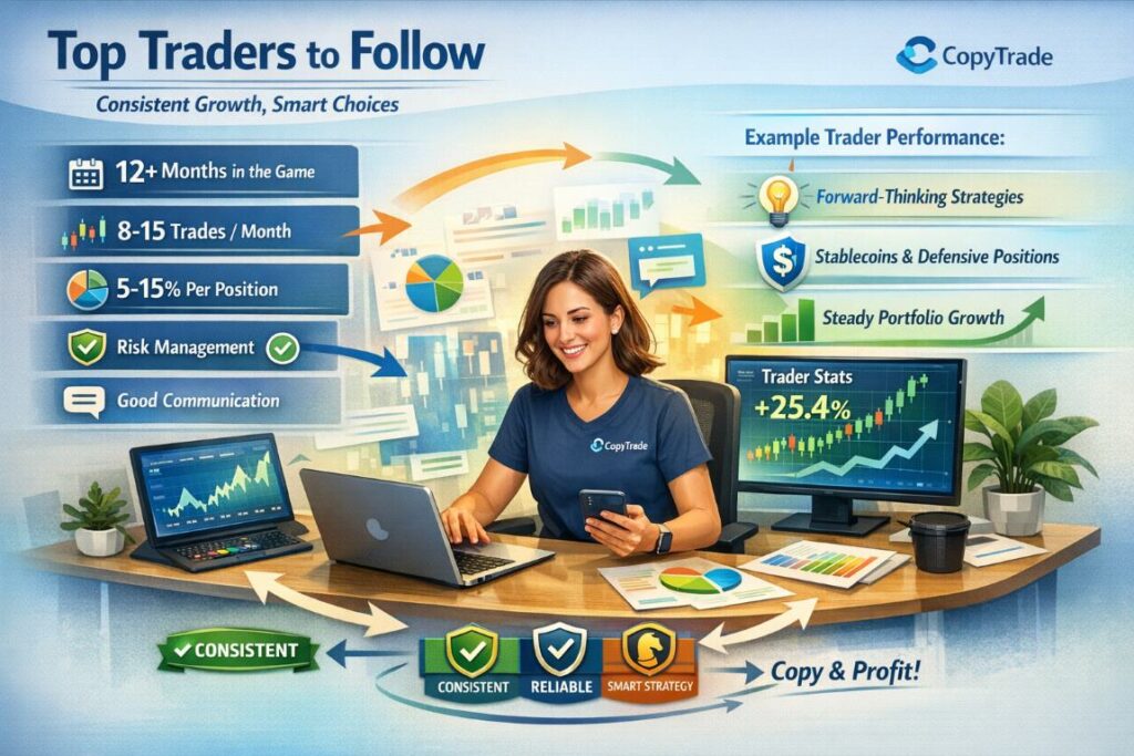 Infographic showing how crypto investors evaluate and follow top copy traders using Copy Trading Apps for consistent portfolio growth