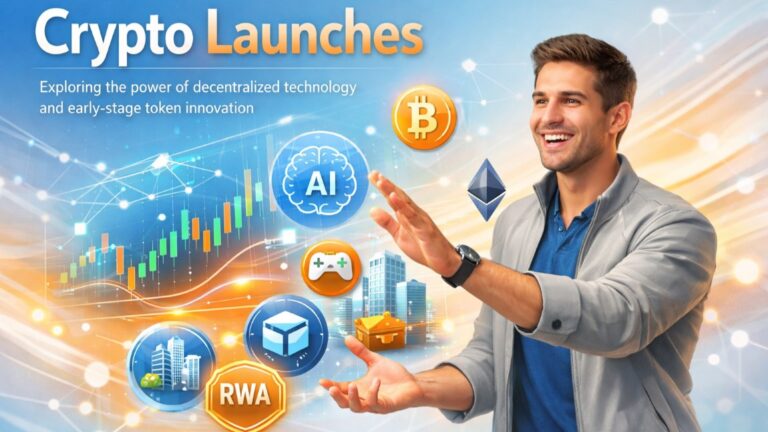 Crypto Launches featured image showing a confident user interacting with blockchain and decentralized technology, highlighting early-stage token innovation.