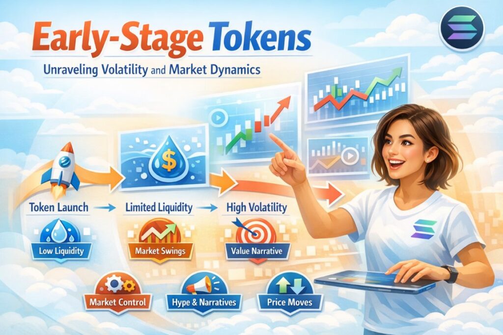Infographic showing early-stage tokens in Crypto Launches, highlighting liquidity, volatility, and market dynamics with a confident user interacting with blockchain data.