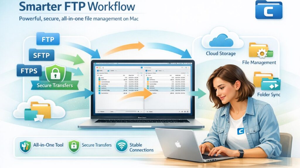 FTP Server workflow infographic showing advantages of a modern FTP client for secure file transfers on Mac
