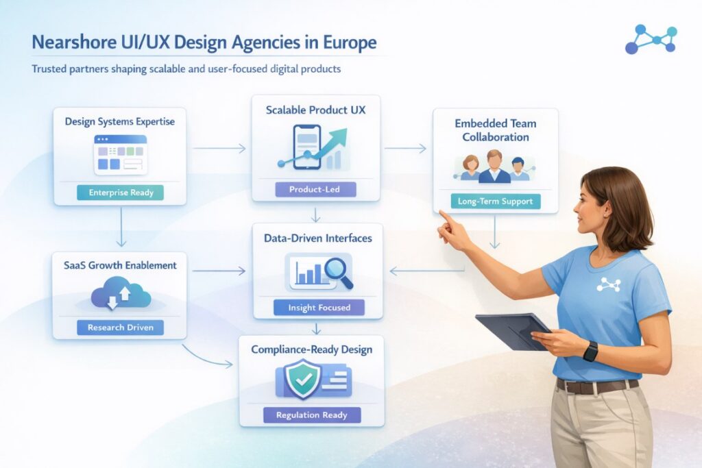 Team working in a modern office representing nearshore UI/UX design agencies in Europe collaborating on digital product design.