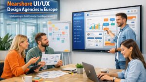 Team collaborating in a modern office representing nearshore UI/UX design agencies in Europe working on SaaS product interfaces and user experience strategy.