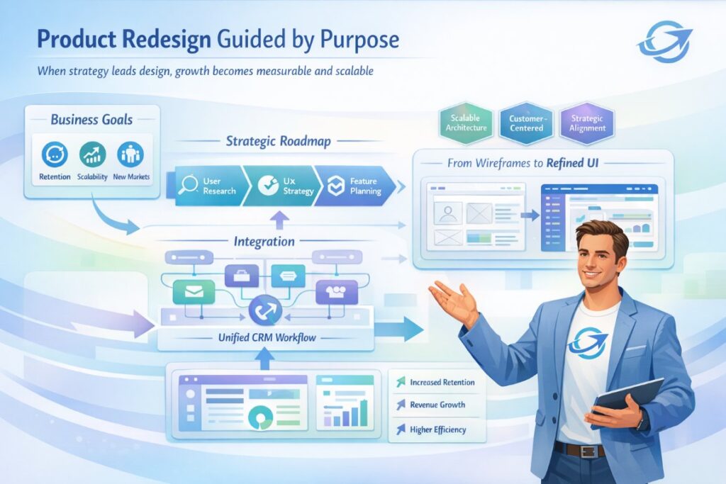 Infographic showing how product redesign aligns with business goals to improve CRM scalability and user experience