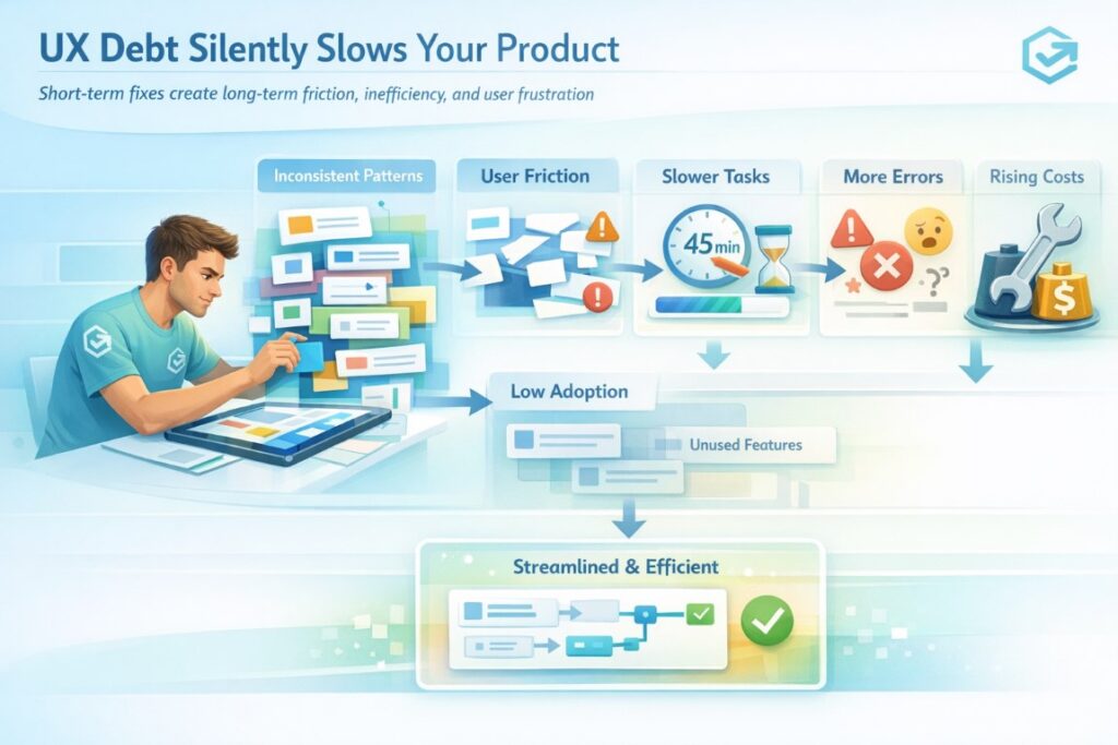 Infographic showing how UX debt impacts performance and why product redesign is needed in CRM systems