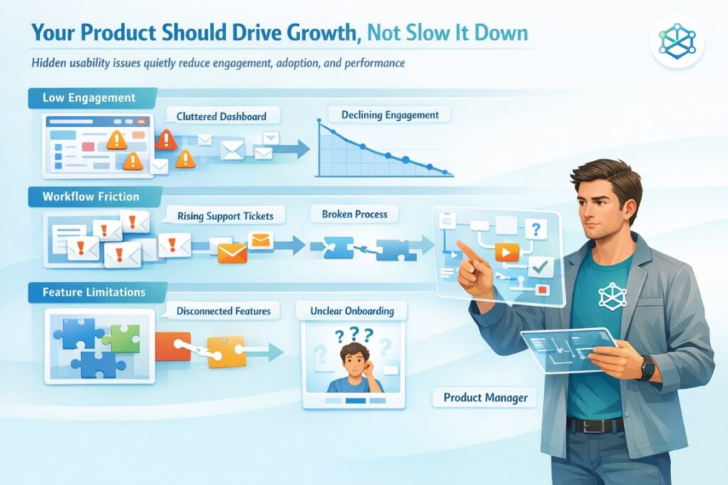 Infographic showing warning signs that indicate the need for product redesign in a CRM platform
