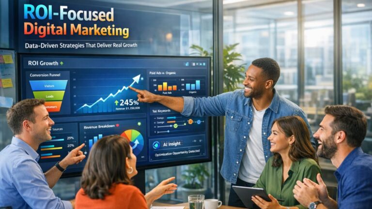 Office marketing team analyzing analytics dashboard for ROI-Focused Digital Marketing strategy and revenue growth.