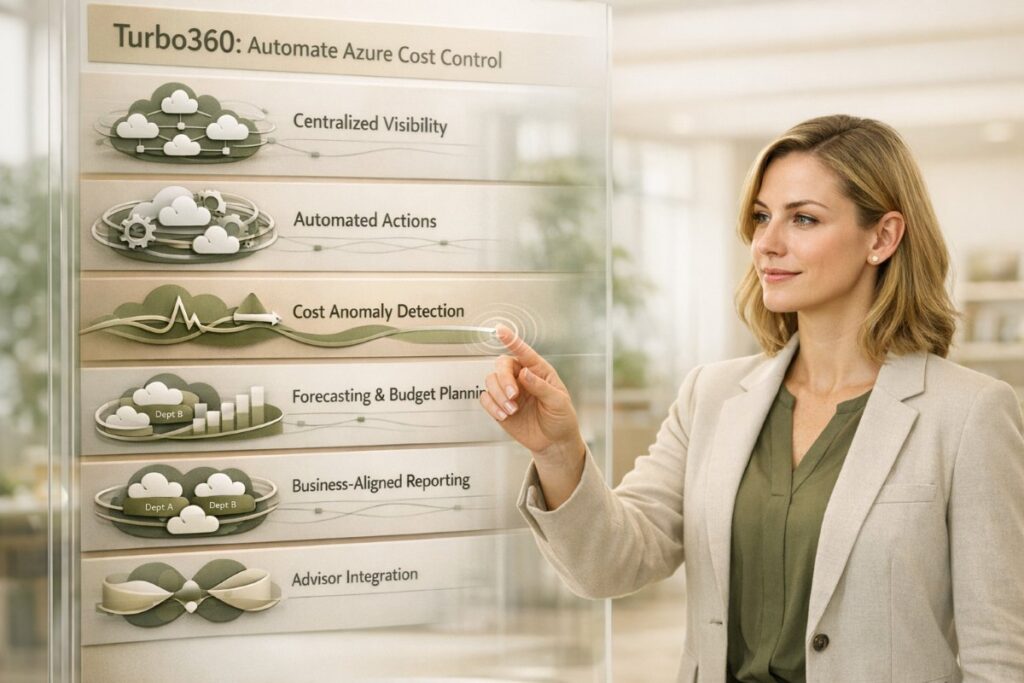 Azure Advisor cost optimization infographic showing automated cloud cost control and centralized visibility with Turbo360 integration