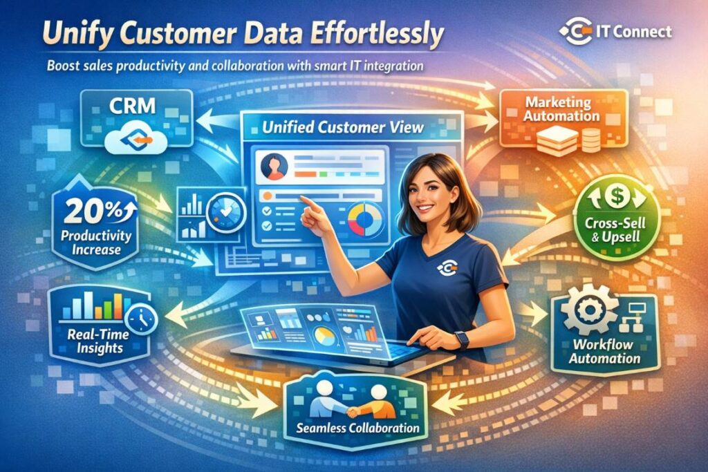 Infographic showing IT integration workflow with a smart professional actively analyzing unified customer data for a 360-degree customer view