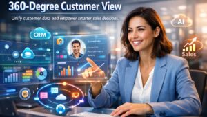 Smart professional interacting with holographic CRM dashboards showcasing 360-degree customer view and IT integration for sales efficiency