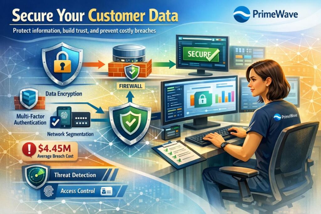Infographic showing a professional actively monitoring secure IT network integration and protecting customer data for a 360-degree customer view