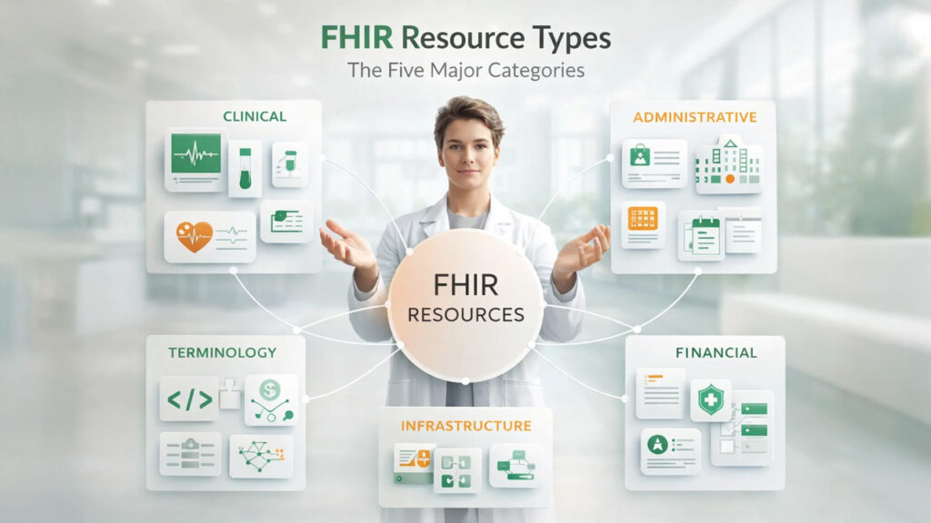 FHIR resource types diagram showing structured healthcare data categories and relationships