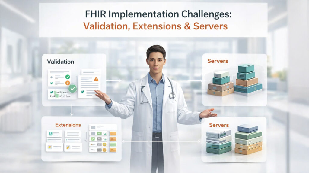 FHIR resource validation, extensions, and server implementation challenges in healthcare interoperability