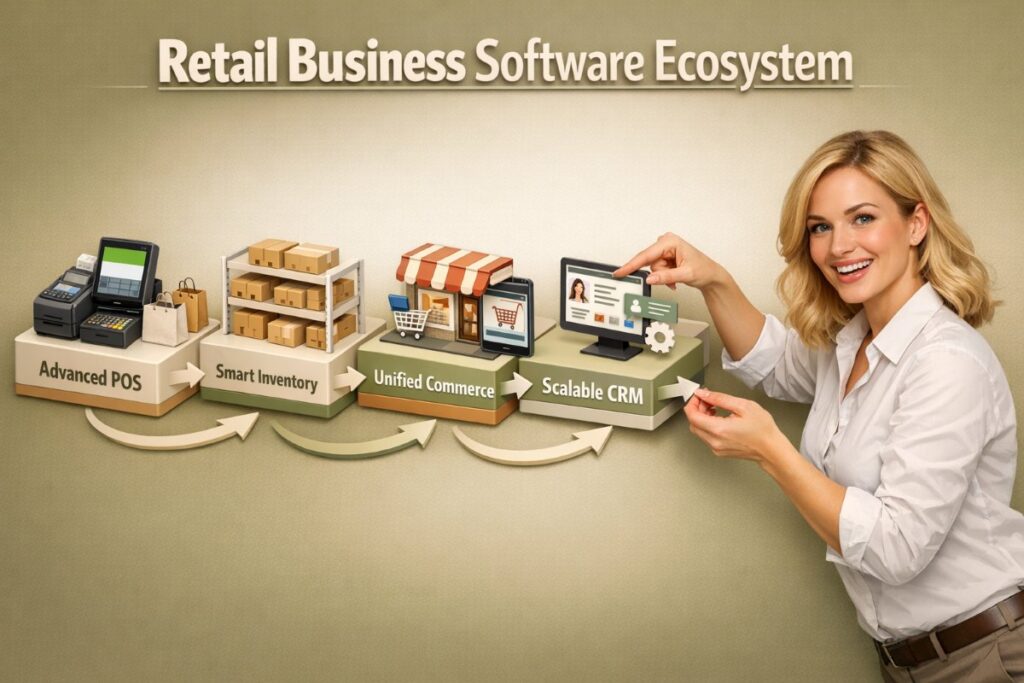 Flowchart infographic explaining retail software development ecosystem including POS, inventory management, CRM, unified commerce, and e-commerce integration.