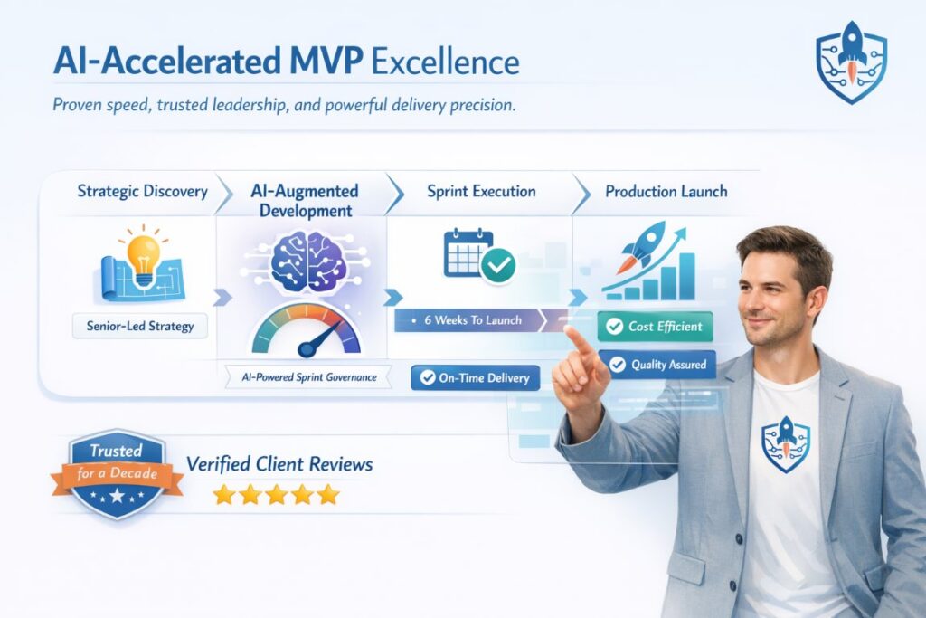 Infographic showing how MVP development companies use AI-accelerated delivery, verified reviews, and senior engineers to launch products faster