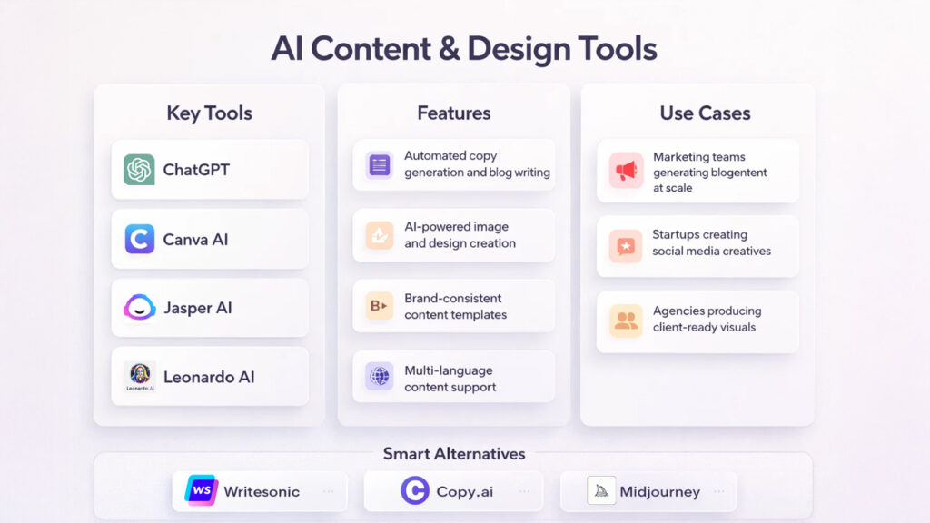 AI content and design tools for creating blogs, graphics, and marketing visuals