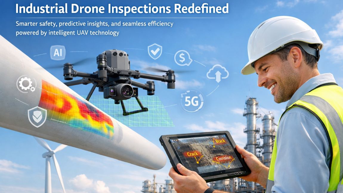 Industrial drone performing AI-powered inspections with UAV software development, highlighting thermal scans, 3D mapping, and predictive maintenance in a bright industrial setting.