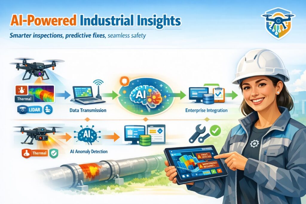 Infographic showing AI-powered drone inspection software and UAV software development workflow with thermal scans, LiDAR mapping, AI anomaly detection, predictive maintenance, and an engineer analyzing live data.