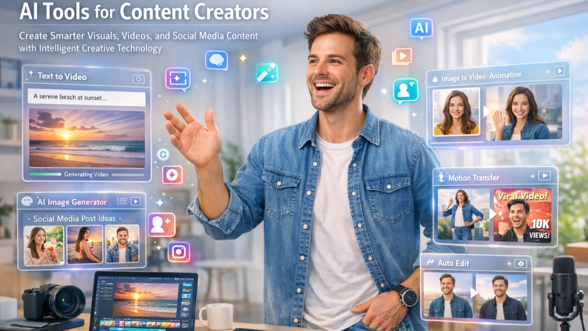AI tools for content creators generating videos, images, and social media content using modern AI technology
