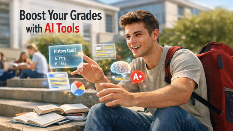 AI tools for students helping with note-taking, research, and study planning on a digital dashboard