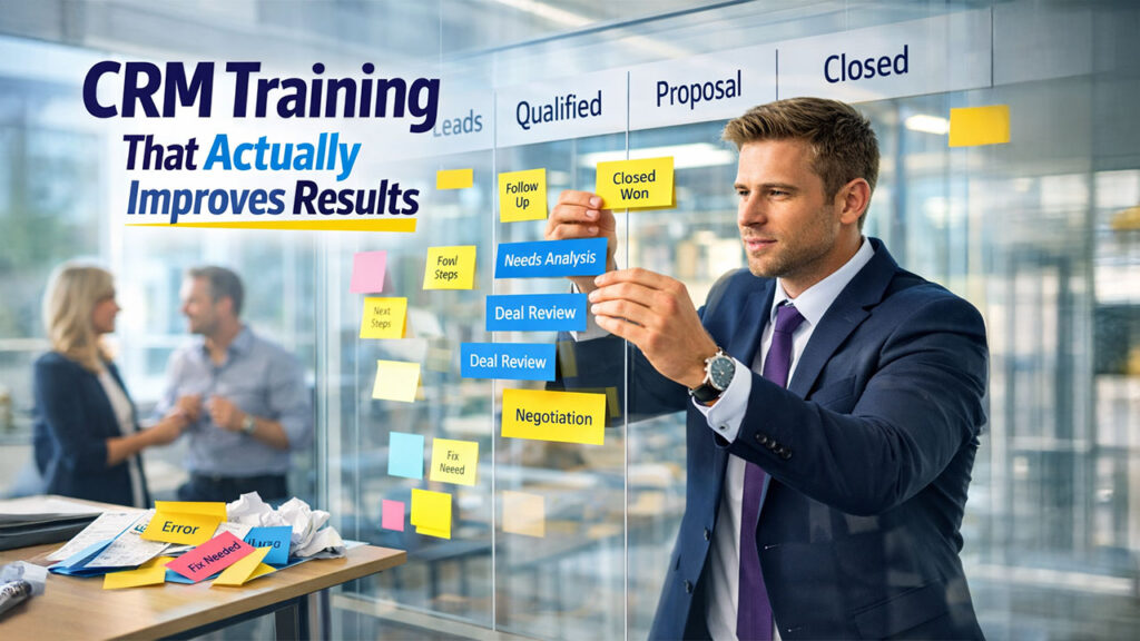 AI training tools dashboard showing CRM training results, performance metrics, and adoption rates