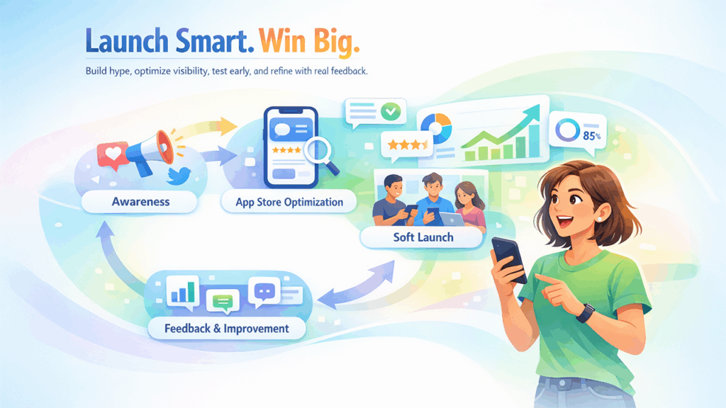 App idea to product launch strategy showing pre launch marketing app store optimization and user feedback