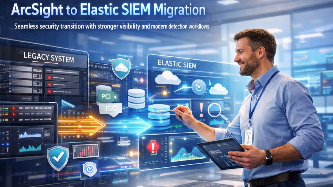 ArcSight to Elastic SIEM migration process visualized in a modern cybersecurity operations center with real-time dashboards and data transition