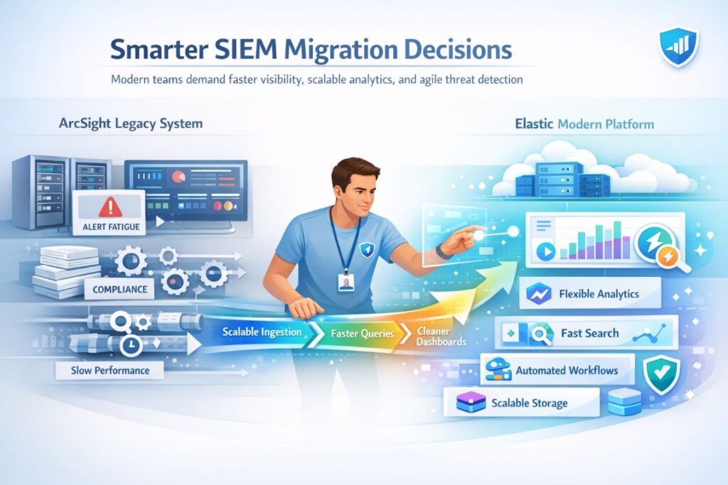 Infographic showing reasons for ArcSight to Elastic SIEM migration with workflow comparison between legacy security systems and modern cloud-based SIEM platforms