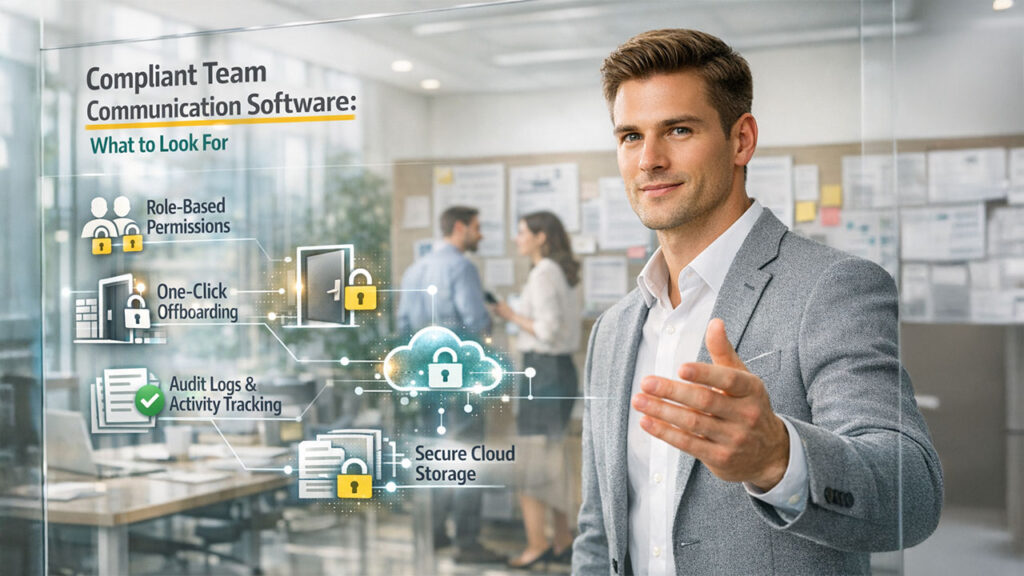 Compliant team communication software showing role-based permissions, audit logs, and secure cloud storage features