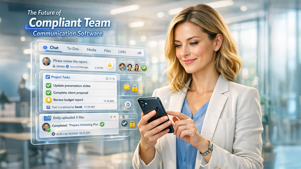 Compliant team communication software dashboard showing secure messaging, audit logs, and access control features