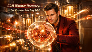 CRM disaster recovery concept showing secure data backup, cybersecurity protection, and business continuity planning