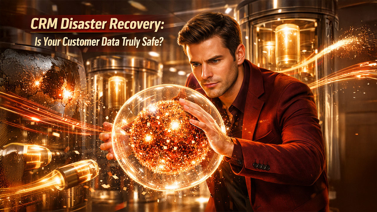 CRM disaster recovery concept showing secure data backup, cybersecurity protection, and business continuity planning