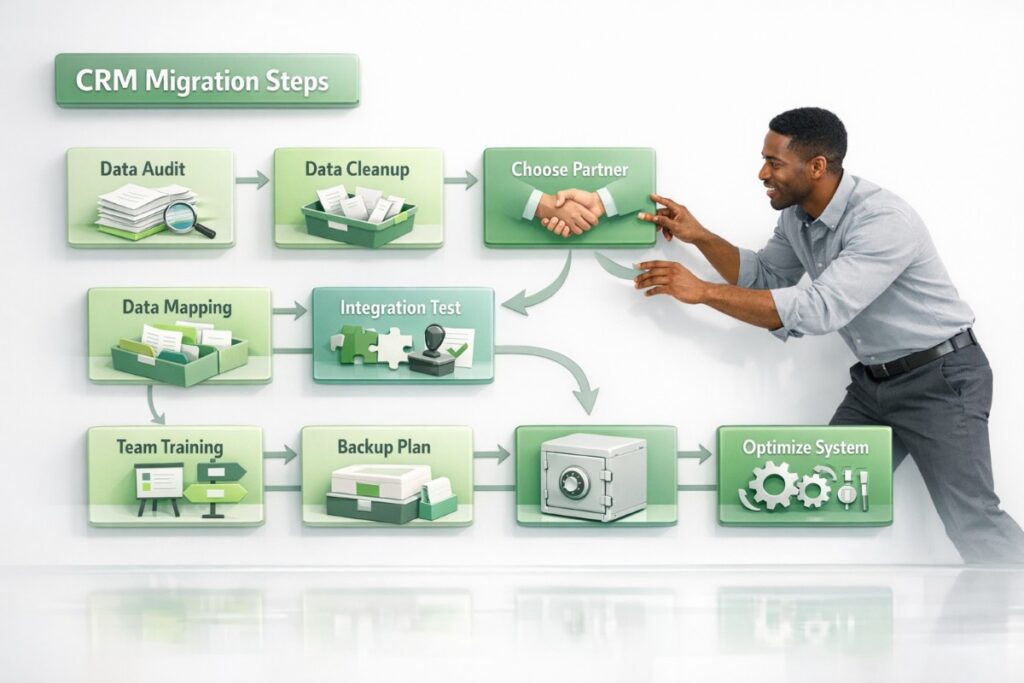 CRM migration steps flowchart infographic showing data audit, cleanup, integration testing, user training, and optimization process