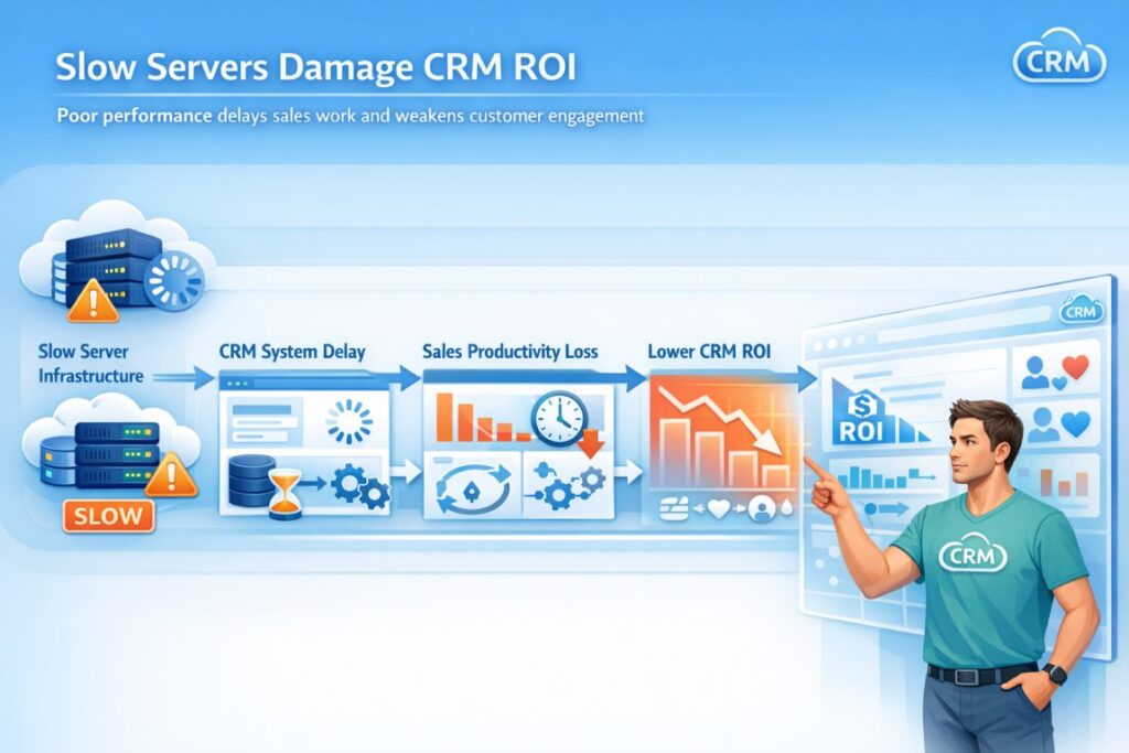 Infographic showing how slow servers impact CRM ROI by reducing sales productivity and causing CRM system delays