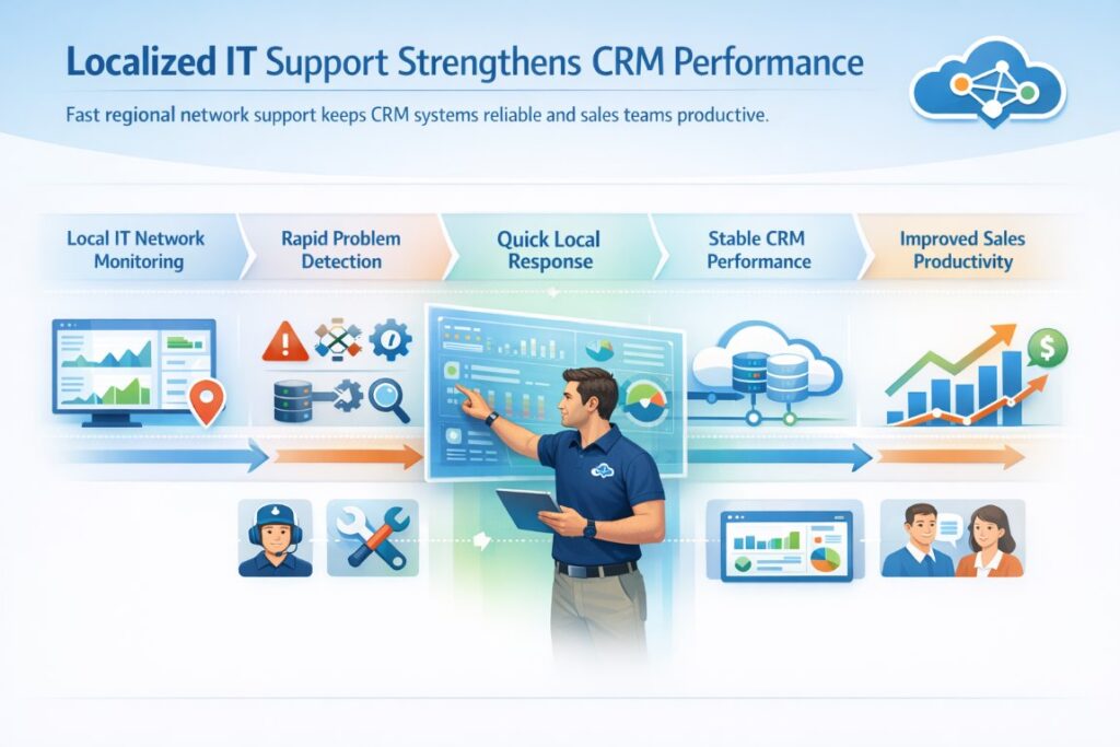 Infographic showing how local IT network support helps reduce slow servers and protect CRM ROI by improving server performance