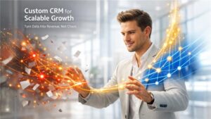 Custom CRM Development dashboard showing customer data, sales pipeline, and workflow automation