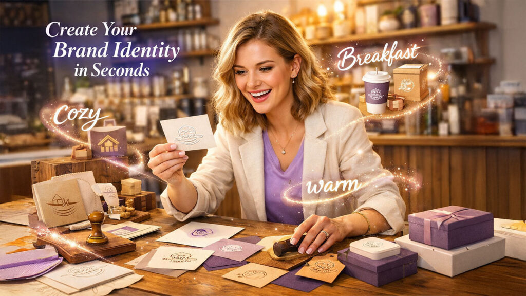 Design.com logo maker step to enter brand name and keywords for logo generation