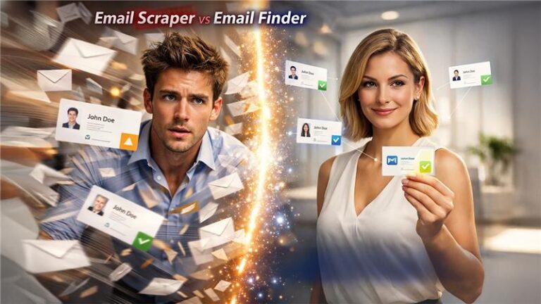 Email scraper vs email finder comparison showing differences in data accuracy, volume, and lead generation approach