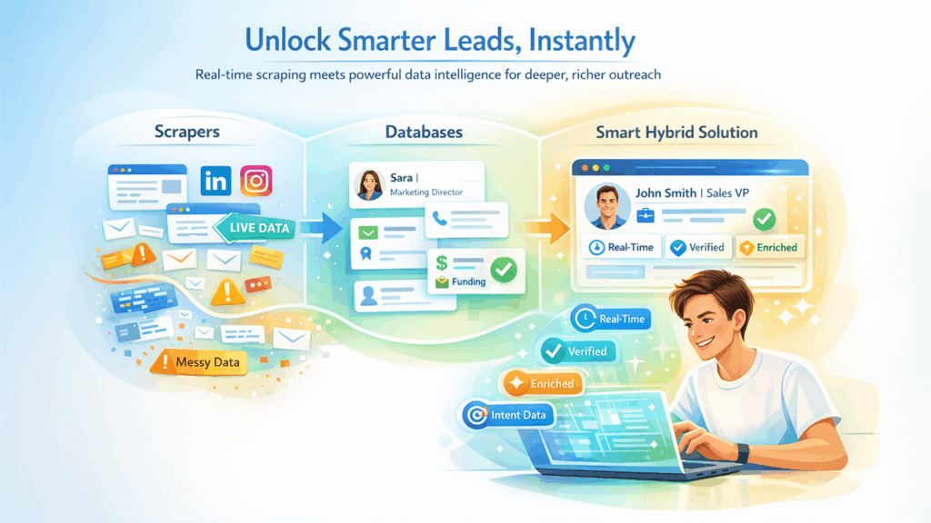 Email scraper vs email finder database size and data variety comparison showing real-time scraping vs large verified datasets