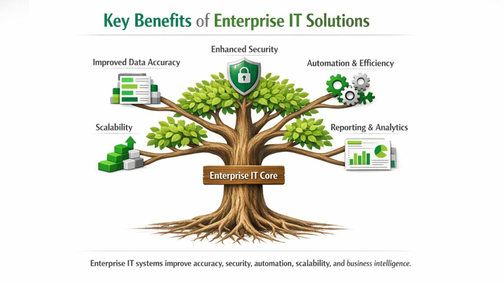 Key advantages of adopting an enterprise-grade IT environment including automation, security, scalability, and centralized data management