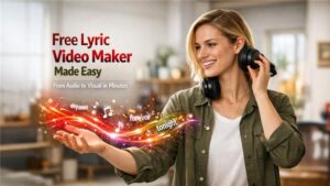 Free lyric video maker interface showing music editing and lyric syncing tools