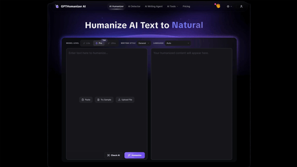 GPTHumanizer AI interface showing AI humanizers tool rewriting text into human-like content