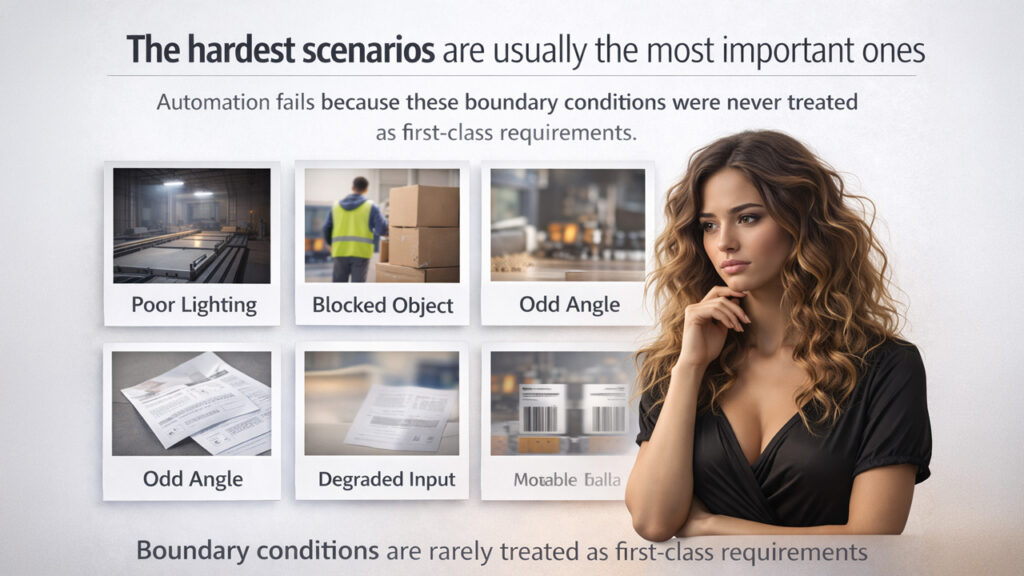 Hard real-world scenarios where visual data is unreliable, such as low lighting, occlusion, and complex environments affecting automation accuracy