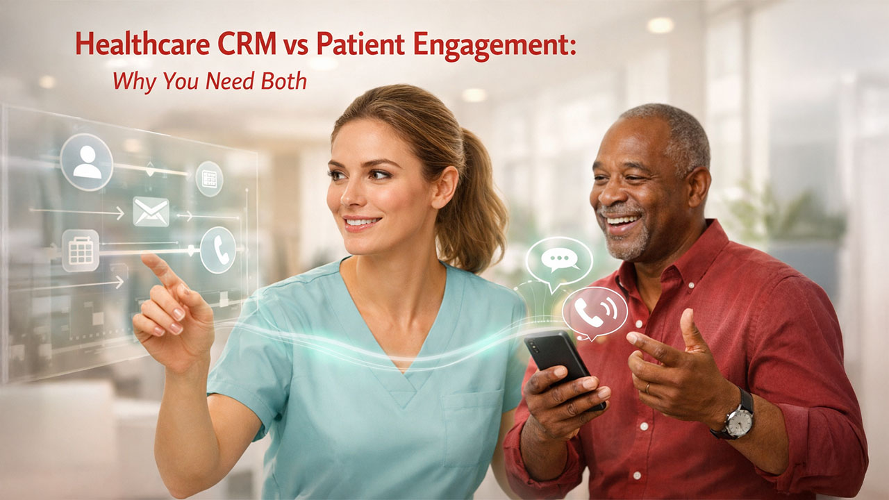 Healthcare CRM vs Patient Engagement platform comparison showing data management and patient communication systems