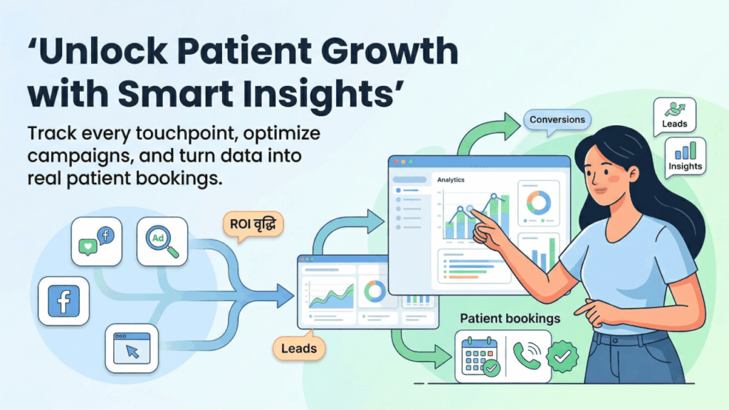 Healthcare marketing agency analyzing patient data and performance tracking metrics on digital dashboard