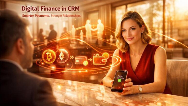 Illustration of integrating digital finance into CRM showing payment systems, customer data, and financial automation