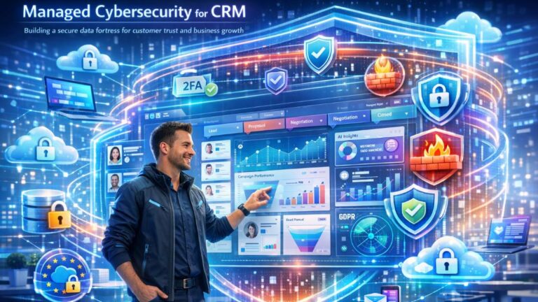 Managed cybersecurity protecting CRM systems with secure cloud data, encryption shields, and real-time threat monitoring dashboard.